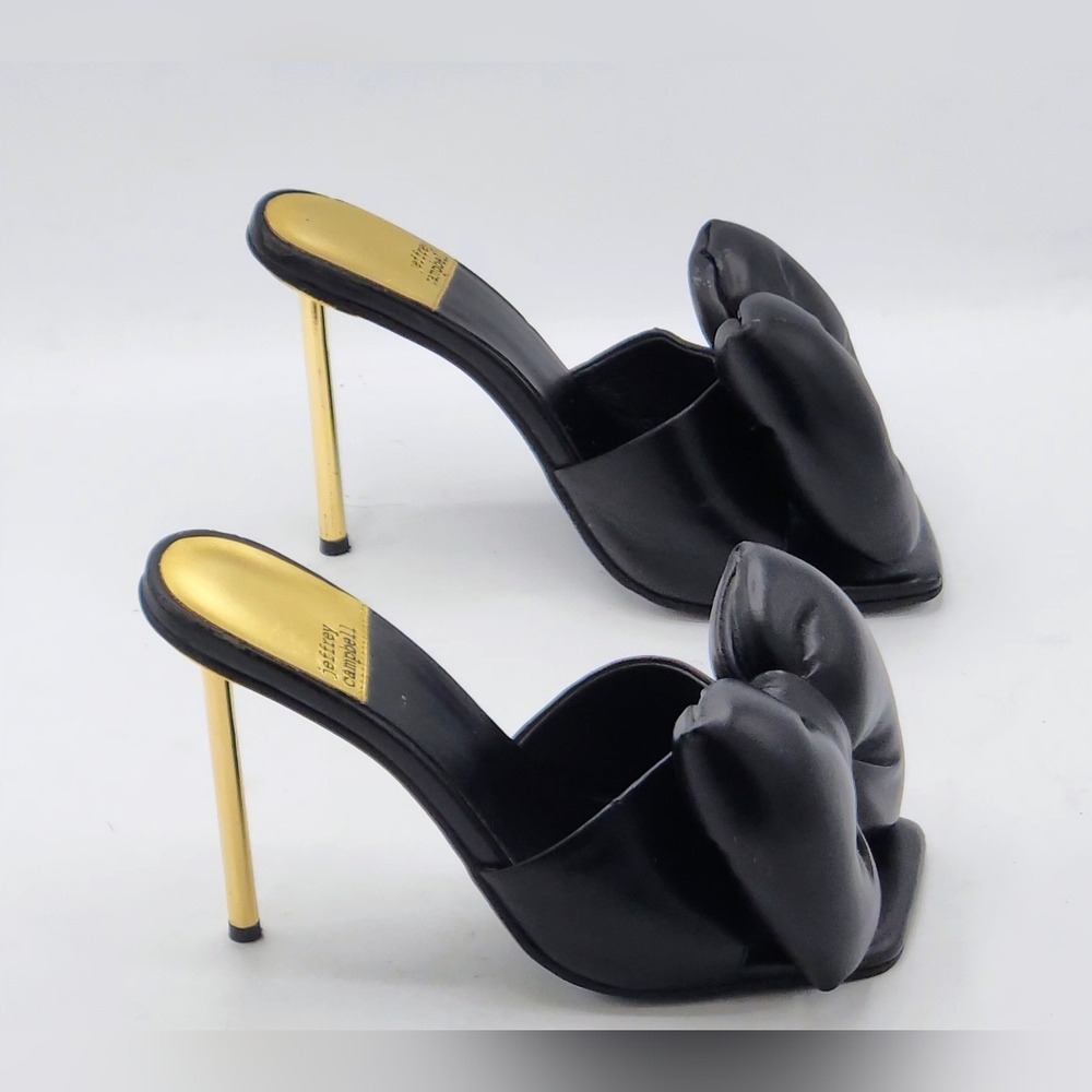 Jeffrey Campbell Bow-Down High Heel Slide Sandals In Black And Gold Size 7 - Picture 6 of 16